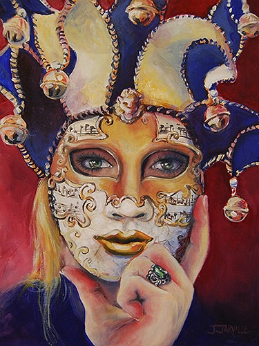 "Self Portrait" Self portrait oil painting of the artist wearing a jester hat and mask by Jeanette Jarville