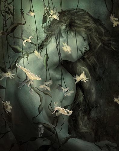 "Sleep" Digital Photograph of a sleeping woman surrounded by flowers and fairy-like creatures by Jan Gierat