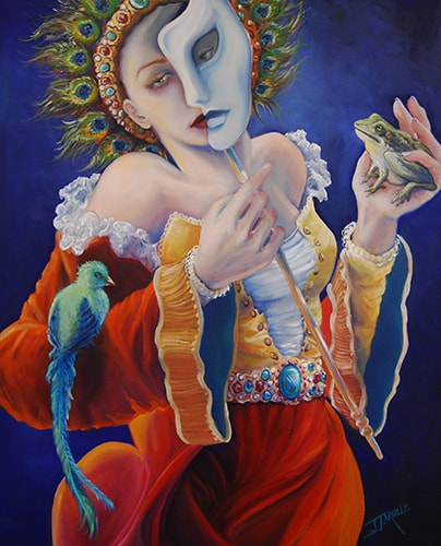 "Spellbound" Abstract oil painting of a woman with a mask, frog and bird by Jeanette Jarville