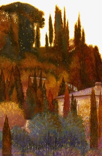 “Sunrise in Montepulciano, Italy” Painting of the sunrise in Italy, watercolor by Mark Bird