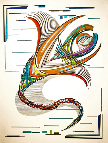 Colorful mixed media 3D drawing titled "Tailspin” by artist Bill Sotomayor