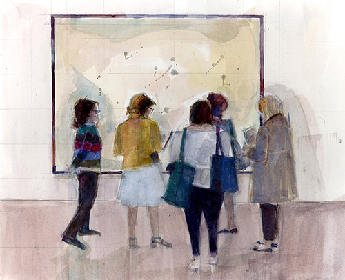 Women at a contemporary art gallery, watercolor painting by Dorrie Rifkin