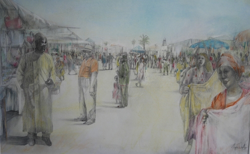 "Tequise Market" Pastel and Pencil on Paper scene of a bazaar by Maggie Wright