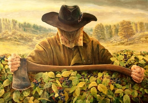 Mysterious figure in the wilderness with an axe, oil painting by Gordon Scott