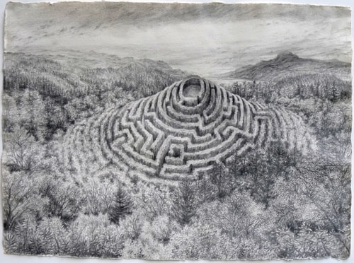 Graphite drawing of hill with mysterious maze by Gordon Scott
