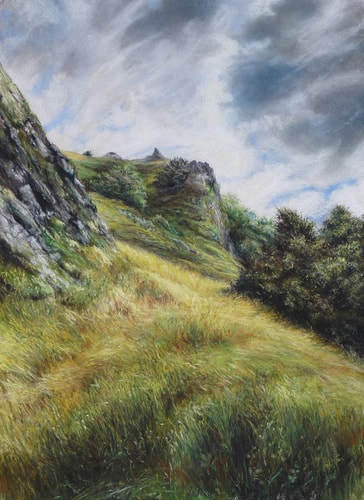 Pastel drawing of a mountain landscape