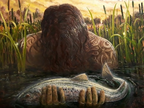 Tattooed man in a lake with a salmon, oil painting by Gordon Scott