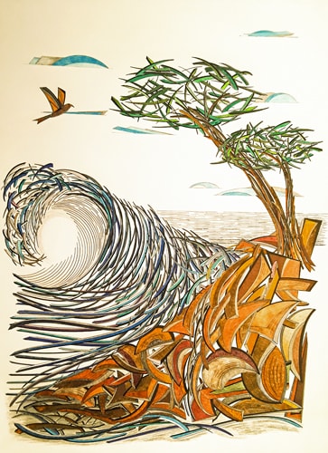 Mixed media 3D mechanical drawing of a seascape by artist Bill Sotomayor
