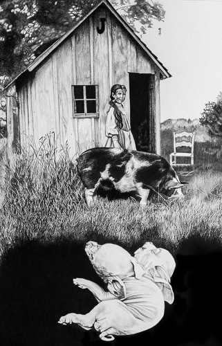 “Three Little Pigs” Graphite drawing of a girl with three pigs by DebiLynn Fendley