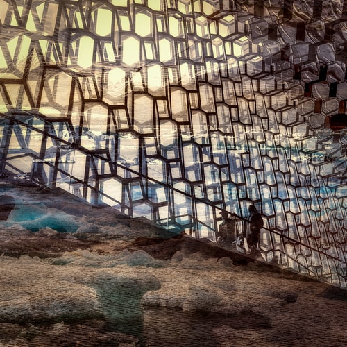 "Trapped in a Melting World" Photo collage of a multi windowed building with a lone figure by Steve Bennett