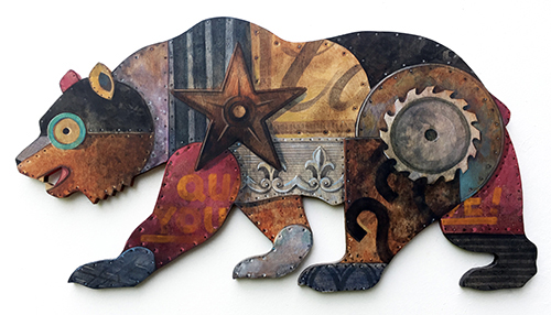 Wood and paint art assemblage of a bear by artist Johnny Karwan titled "Unreal Ursine"