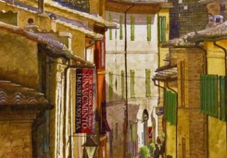 “Via Cialdini, Montalcino, Italy” Watercolor of Italian architecture by Mark Bird