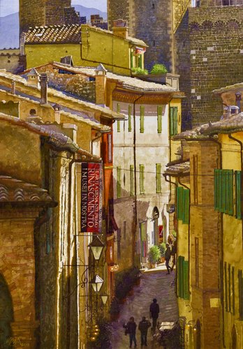 “Via Cialdini, Montalcino, Italy” Watercolor of Italian architecture by Mark Bird