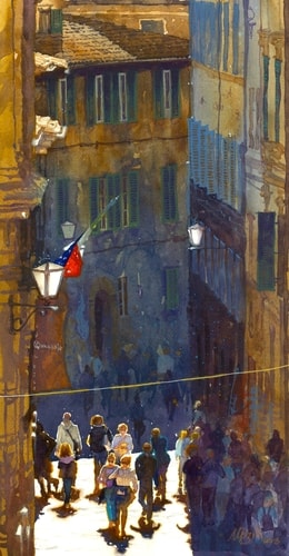 “Via Dei Montanini, Siena, Italy” View of an Italian street, watercolor by Mark Bird