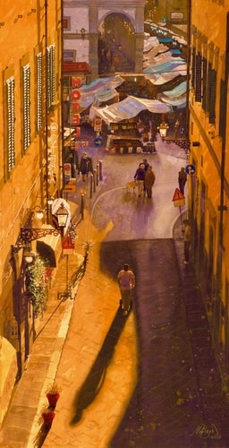 “Via Rosina, Florence, Italy” Italian street market, watercolor by Mark Bird