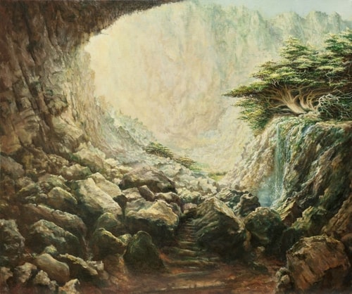 Oil painting of a rocky outcrop by Gordon Scott