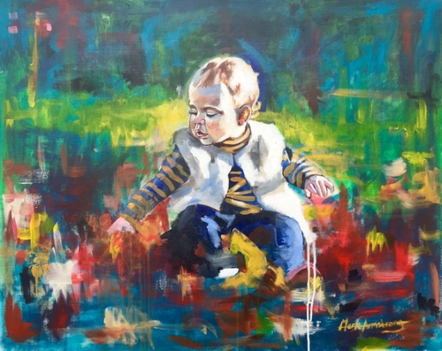 Colorful, sem-abstract painting of a small child by artist Mark Armstrong