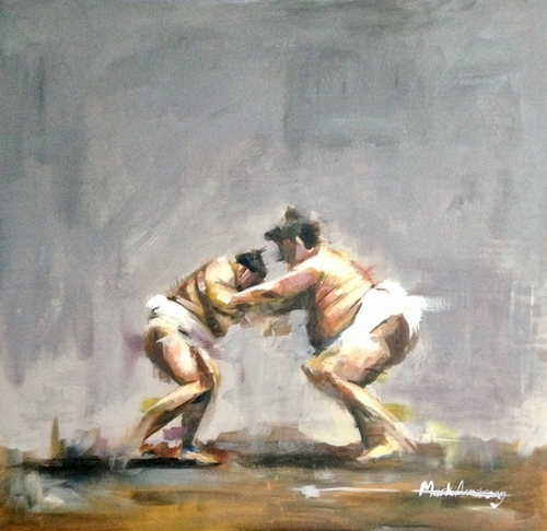 Painting of Sumo wrestlers, semi-abstract mixed media by artist Mark Armstrong