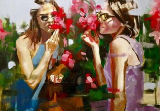 Two girls smelling roses, semi-abstract painting by Mark Armstrong