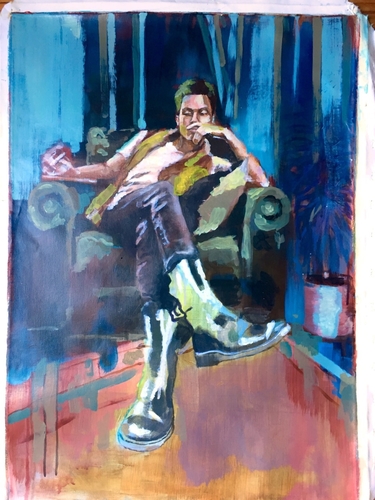 Colorful painting of a young man with boots, semi-abstract figurative work