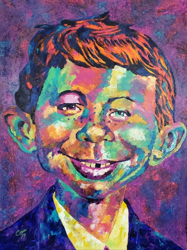 Colorful portrait of Alfred E. Neumann by artist Shawn Conn