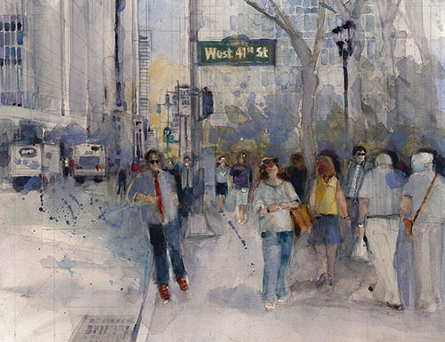 Street scene in New York with a crowd, watercolor painting by Dorrie Rifkin