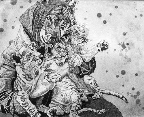 “Wolf Watching” Etching of a wolf in clothing holding three tiger cubs by DebiLynn Fendley