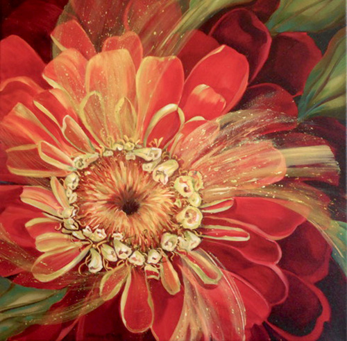 “Zinnia” Acrylic painting of a close up of a pale red Zinnia blossom by Carolyn Ritter