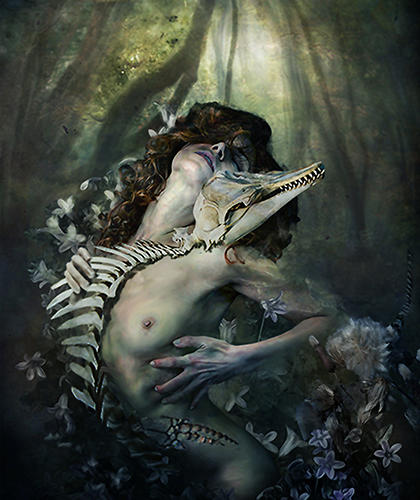 "Animal Bond" Digital Photograph of a nude woman embracing an animal skeleton by Jan Gierat