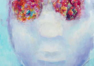 "Colorblind" Whte face with colors where the eyes should be, acrylic painting by Tatjana Lee