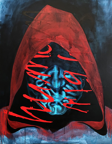 "Conscience" Red hooded blue face with writing, acrylic painting by Tatjana Lee