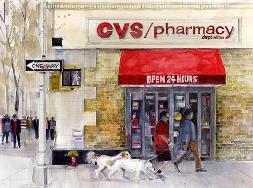 CVS Pharmacy in the city, watercolor painting by Dorrie Rifkin