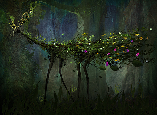 "Deep Forest Creature" Digital Photograph of a deer-like creature with branches. greenery and flowers for its antlers and fur by Jan Gierat