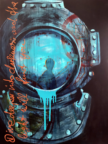 "Deepsea Diver" Old-fasioned Diving helmet with writing and a humnoid reflection in faceplate, acrylic painting by Tatjana Lee