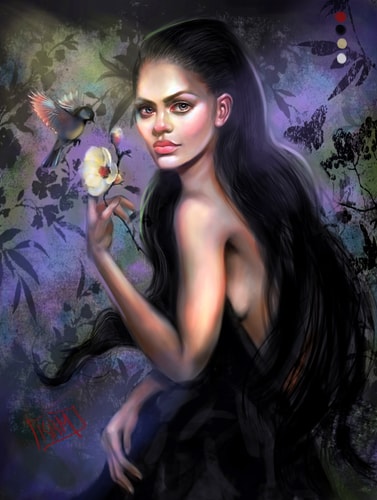 Digital painting of a young woman with flower and bird by Kait Matthews