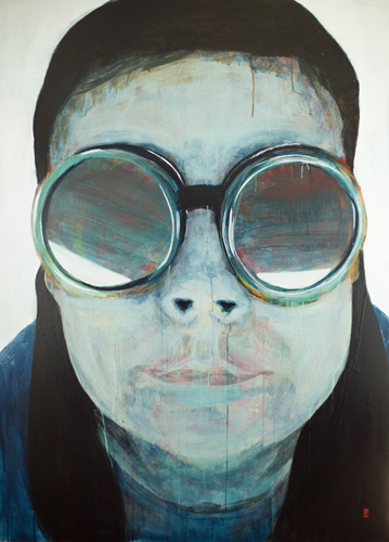 "Goggles 1" Portrait of a women wearing round goggles, acrylic painting by Tatjana Lee