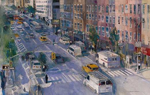 New York City Street Scene, watercolor painting by Dorrie Rifkin