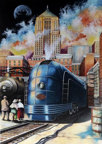 Drawing of a vintage train at the station in colored pencil and ink by David Neace