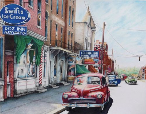 Colored Pencil drawing of vintage auto parked on a city street by David Neace