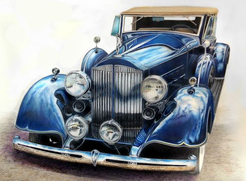 Vintage car drawing in colored pencil by David Neace
