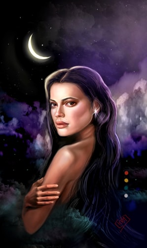 Digital Painting of a young woman and crescent moon by Kait Matthews