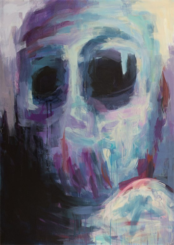 "Mute" Human-like face with large black eye sockets and no mouth, acrylic painting by Tatjana Lee