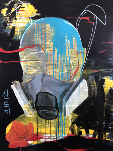 "Santoki" Human with gas mask and rabbit ears, acrylic painting by Tatjana Lee