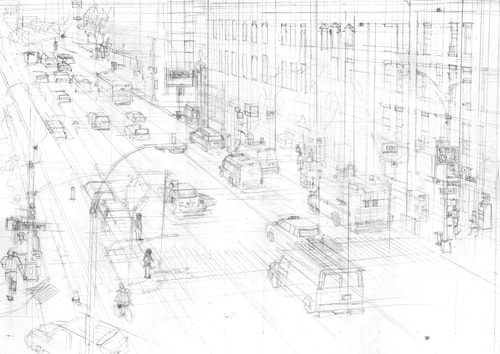 Artist's sketch for a city scene painting. Artist Dorrie Rifkin