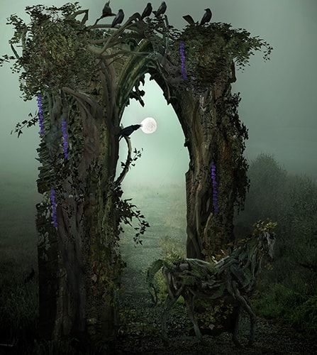 "The Green Horse" Digital Photograph of an arch with crows and a horse made out of branches and vines with flowers by Jan Gierat