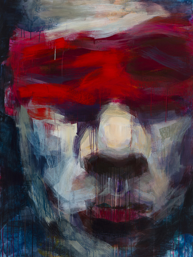 "Who" Human face wearing a red blindfold, acrylic painting by Tatjana Lee