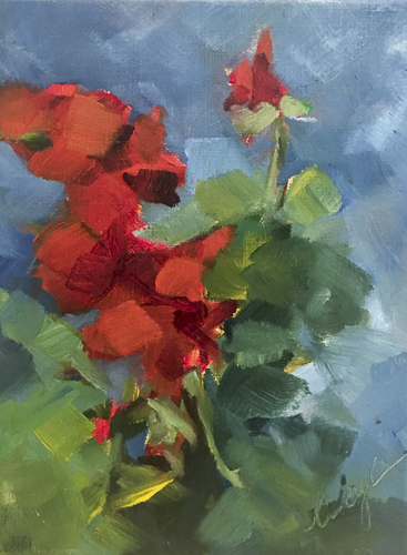 “A Generous Glow” Impressionism oil painting of a branch with red flowers by Caryl Pomales