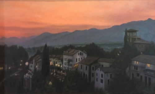 Oil painting of a sunset over the town of Asolo, Italy by Ken Bachman