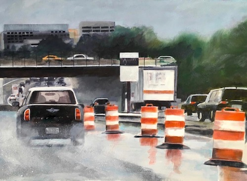 “Barreling Down the Wet Pavement” Behind the wheel view of driving in rush hour on a highway lined with work zone barrels, watercolor by Elaine Nunnally