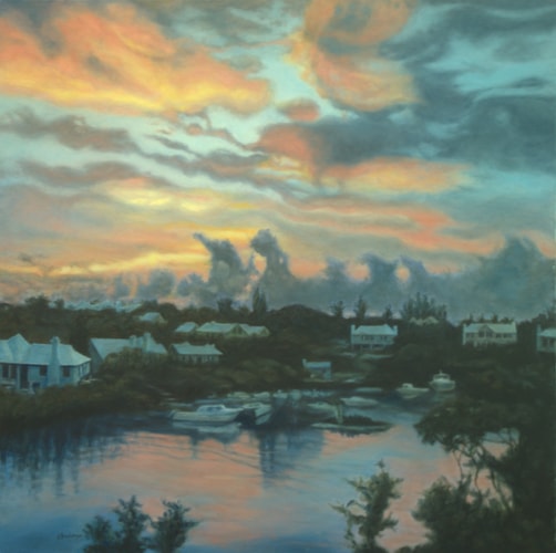 Oil painting of sunset over the Bermuda Cove by Ken Bachman